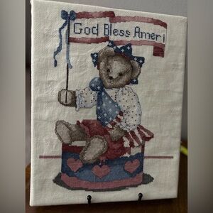 Handmade Cross Stitch Patriotic Teddy Bear Americana God Bless America Wall Art
